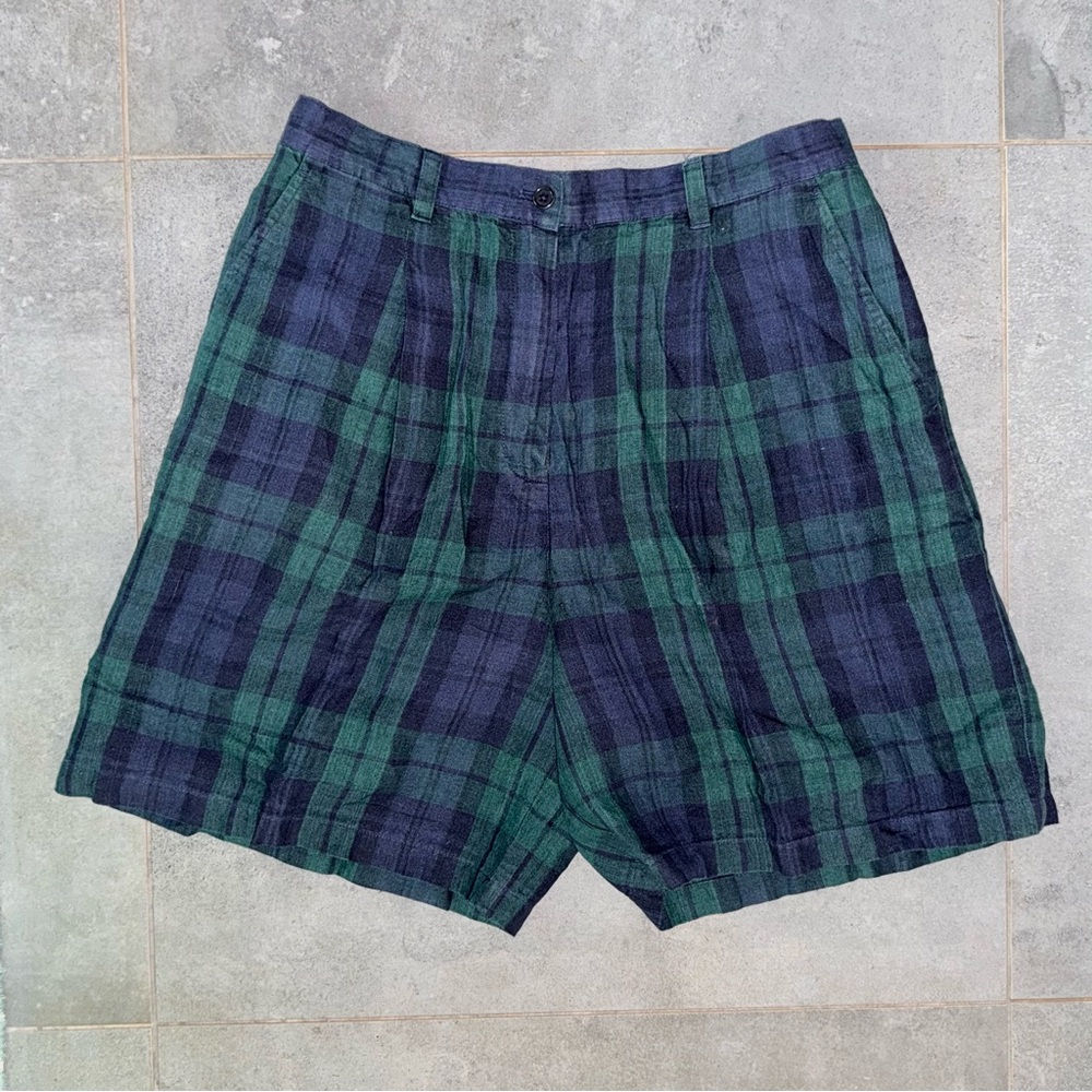 LAUREN Ralph Lauren Women’s 14 100% Linen Blue Green‎ Tartan Walking Shorts